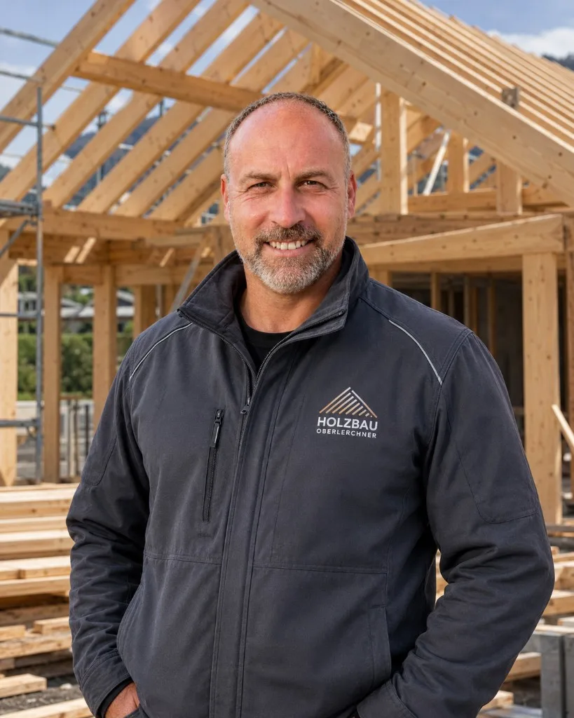 Hansjörg Oberlerchner, Inhaber von Holzbau Oberlerchner in Gelnhausen, vor einem Holzbau-Projekt
